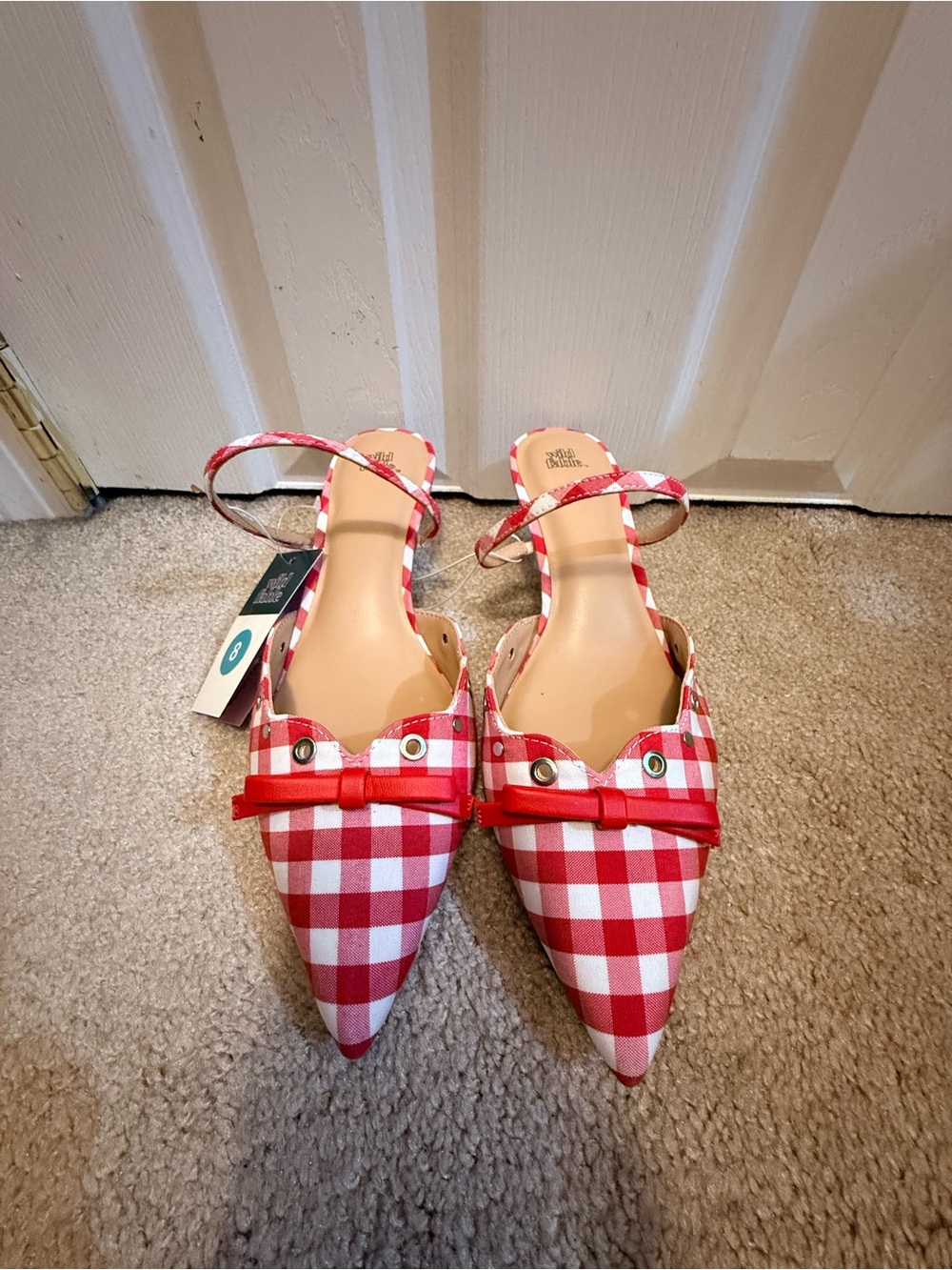 Red Gingham Pointed Toe Slingback Flats -